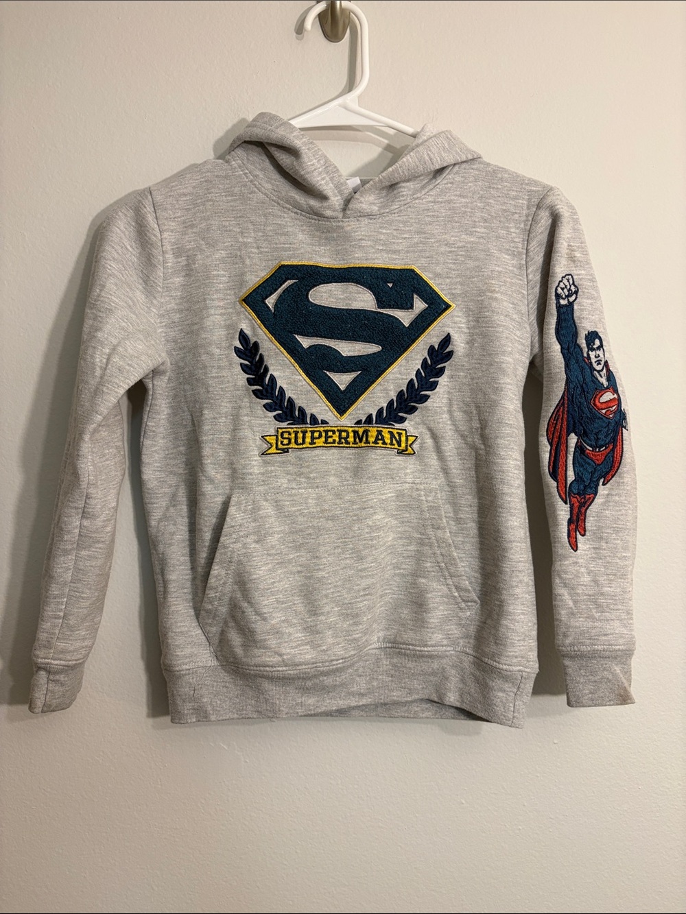 Superman DC Gray Pullover Hoodie with embroidered Crest and Sleeve Graphic